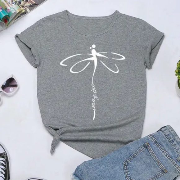 Fashion Simple Gray Dragonfly Print Warrior Short Sleeve Pull On Tee / T Shirt. - Picture 1 of 6